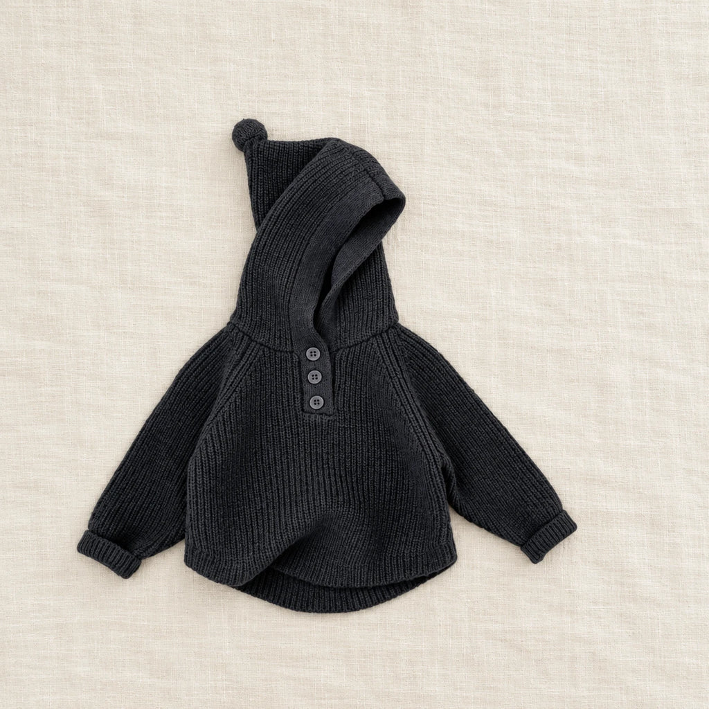 The Hooded Button Knit Cardigan — Dark Gray — studio product photograph