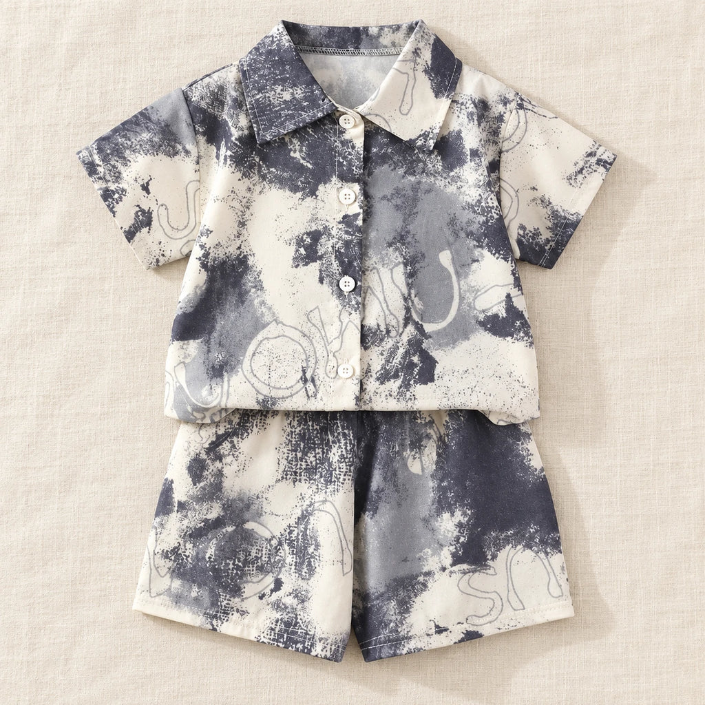 The Printed Shirt & Shorts Outfit — Gray Watercolour — studio product photograph