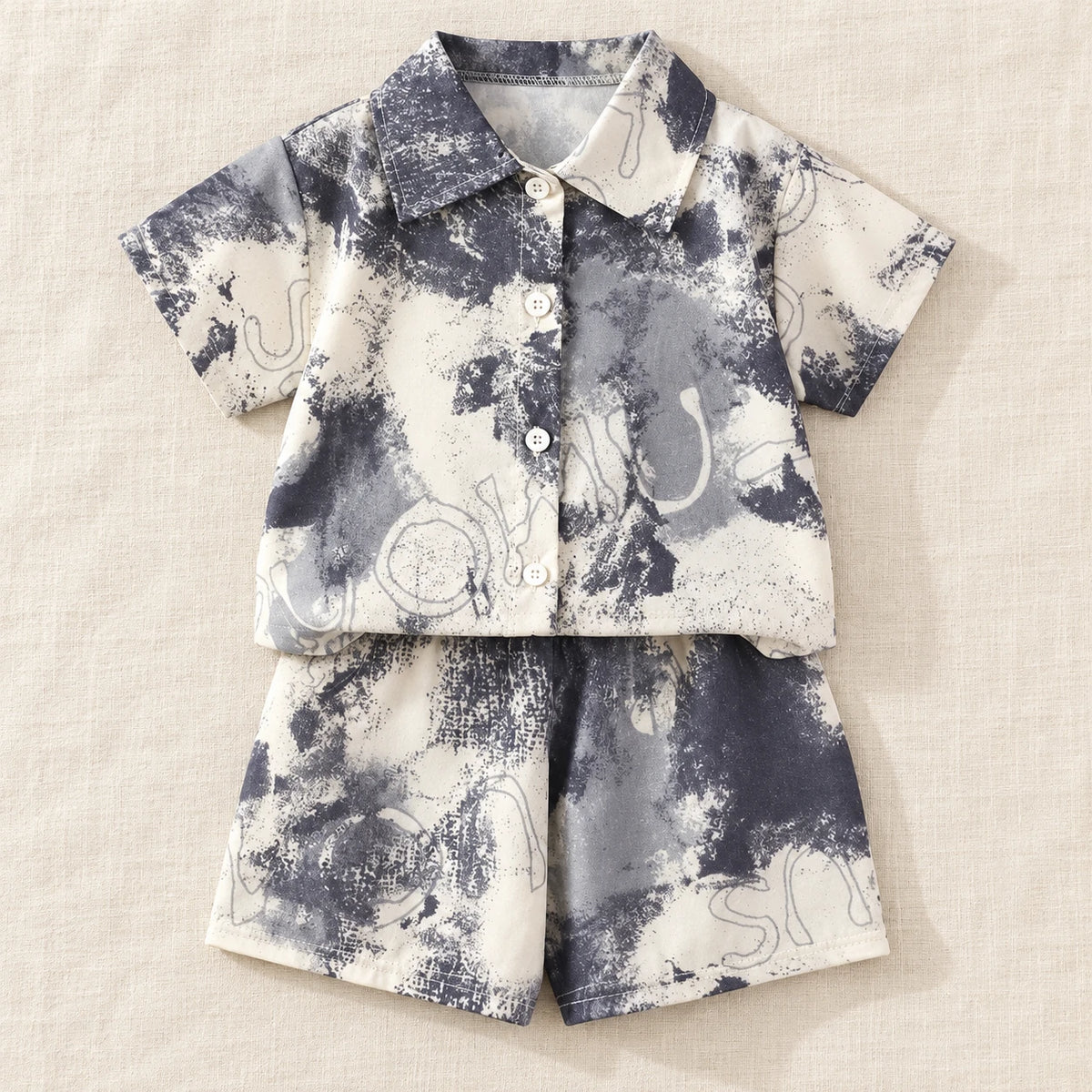 The Printed Shirt & Shorts Outfit — Gray Watercolour — studio product photograph
