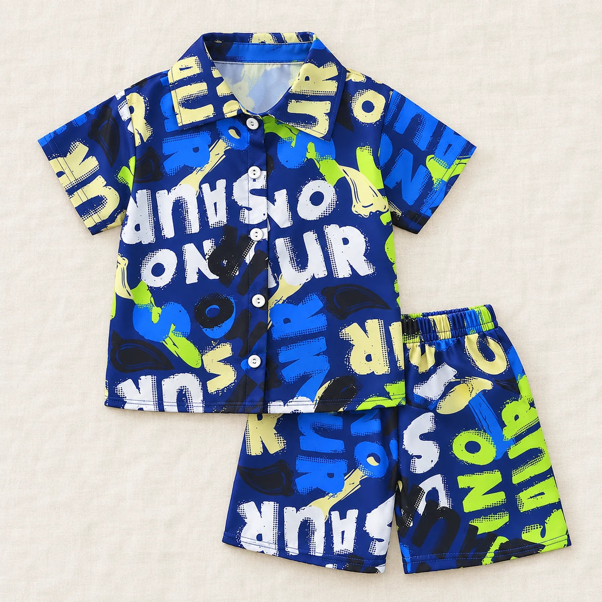The Printed Shirt & Shorts Outfit — Blue Letter Print — studio product photograph