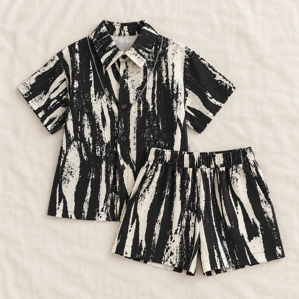 The Printed Shirt & Shorts Outfit — Black Abstract — studio product photograph