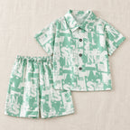 The Printed Shirt & Shorts Outfit — Mint Letter Print — studio product photograph