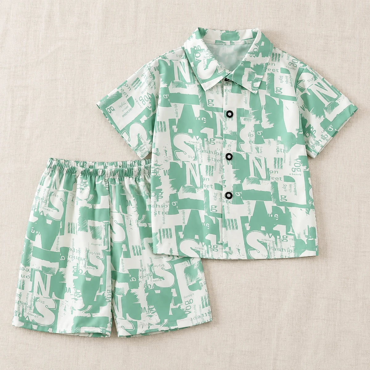 The Printed Shirt & Shorts Outfit — Mint Letter Print — studio product photograph