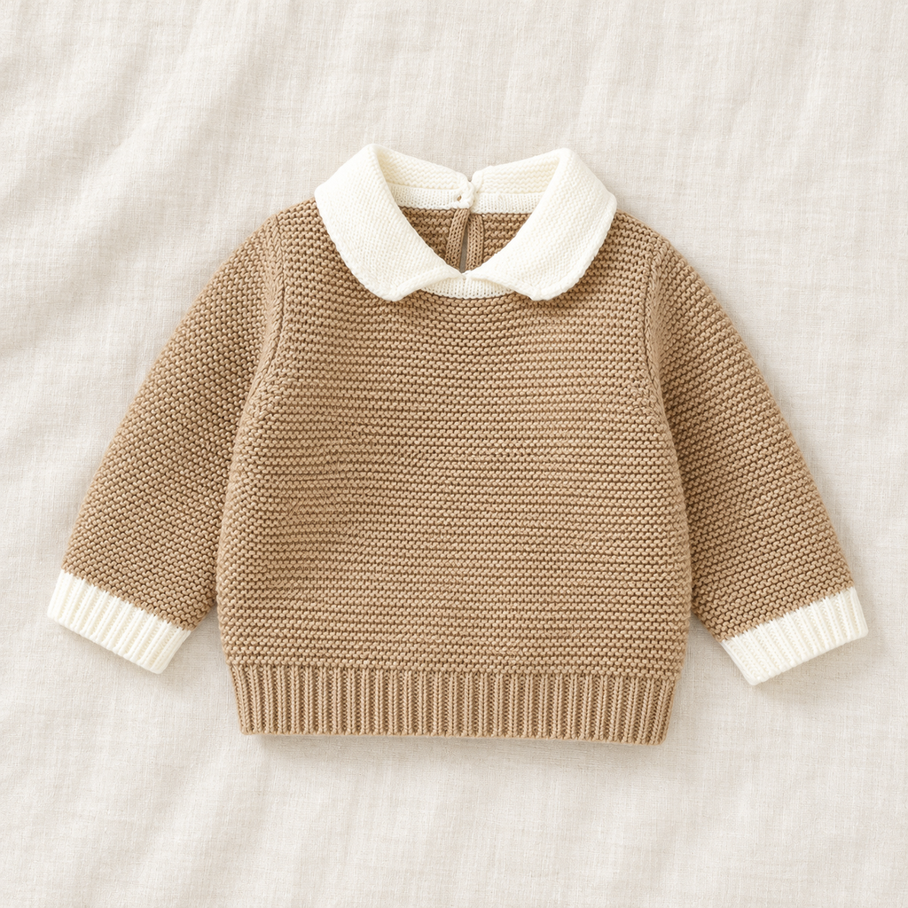 The Contrast-Collar Knit Sweater on ivory linen