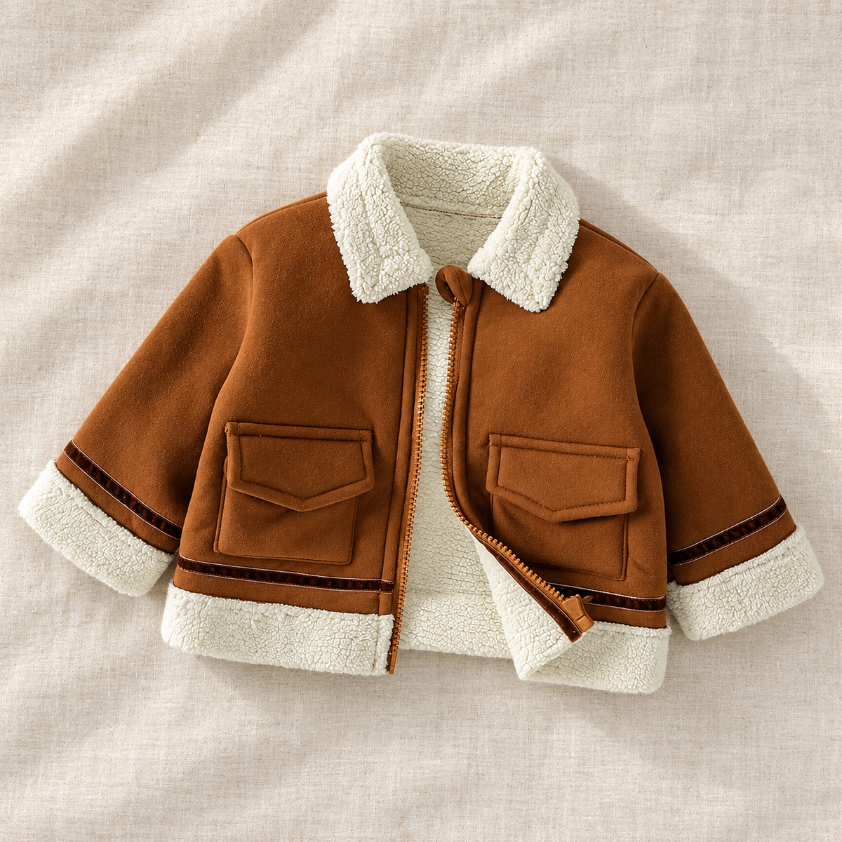 The Contrast-Trim Fleece Jacket on ivory linen