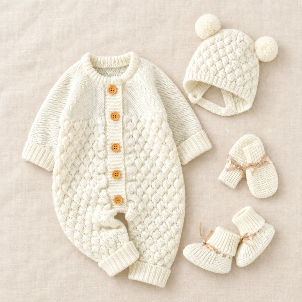 The Newborn Knit Wardrobe — Ivory, Complete Set in boutique studio photograph