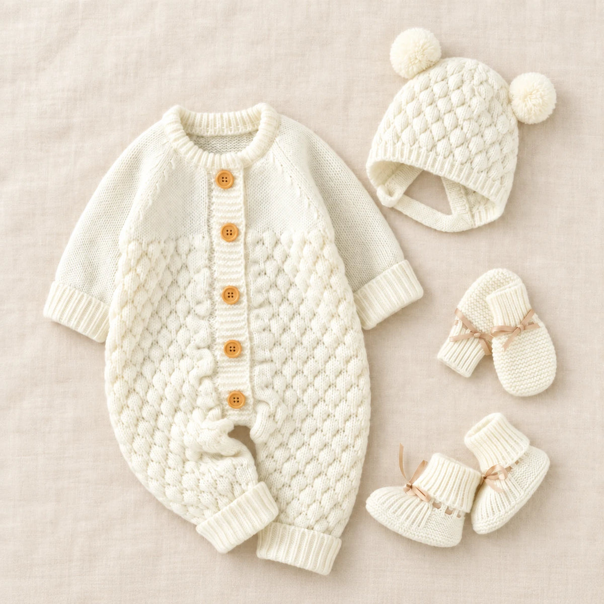 The Newborn Knit Wardrobe — Ivory, Complete Set in boutique studio photograph