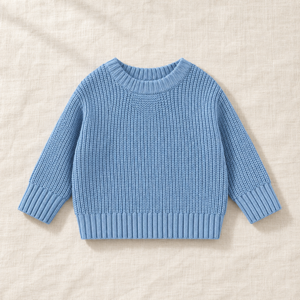 The Everyday Chunky Knit Sweater in Blue, laid flat on ivory linen