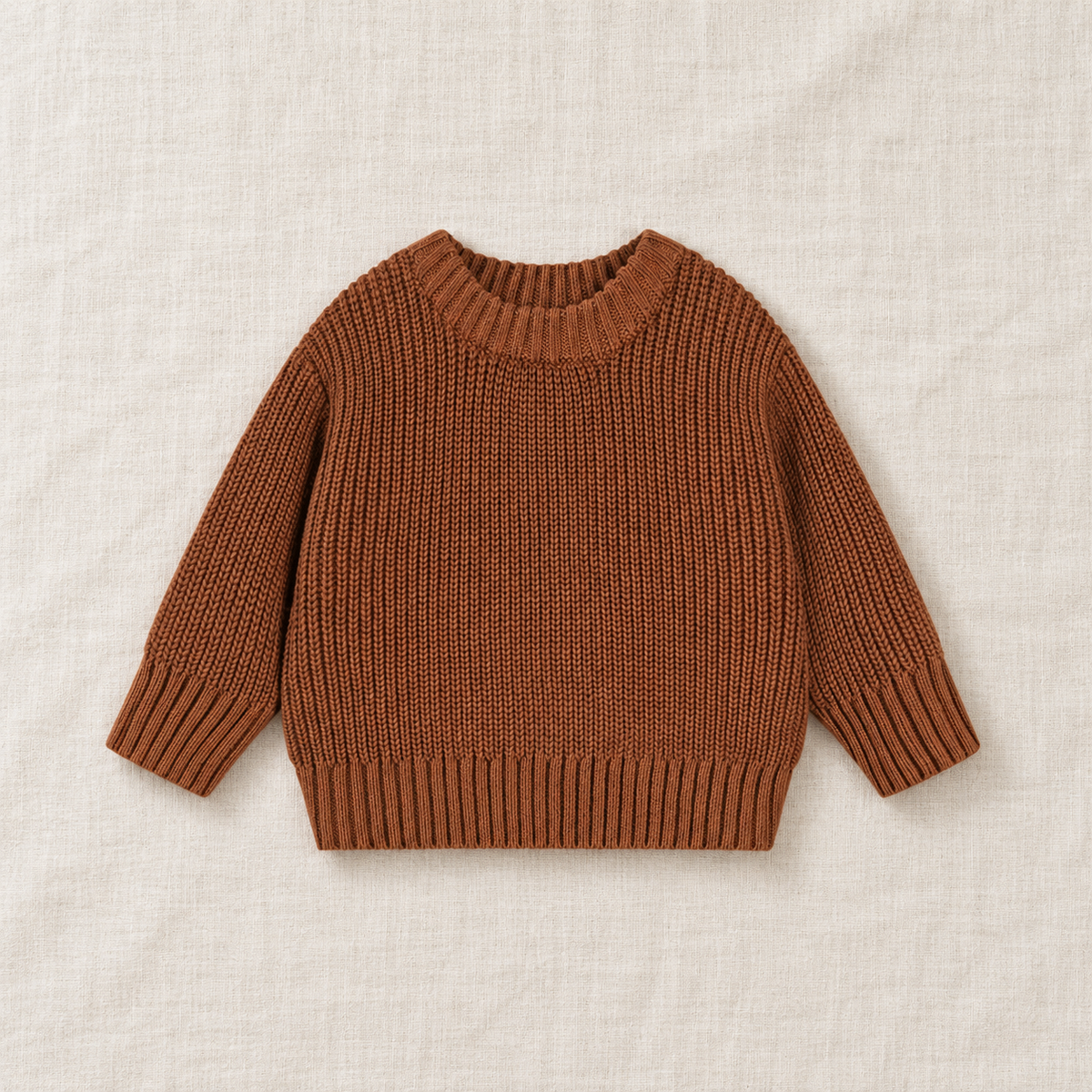 The Everyday Chunky Knit Sweater in Brown, laid flat on ivory linen