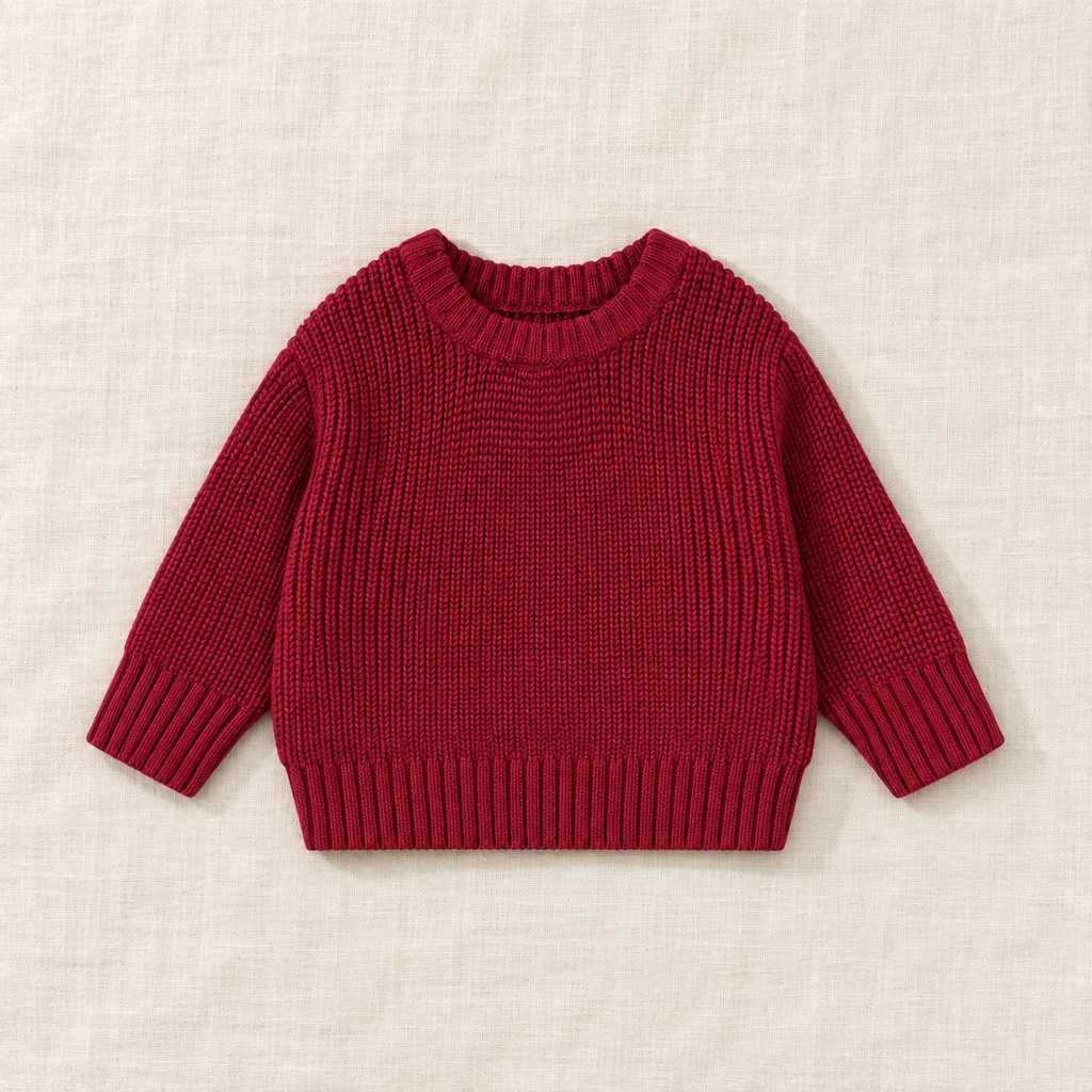 The Everyday Chunky Knit Sweater in Burgundy, laid flat on ivory linen