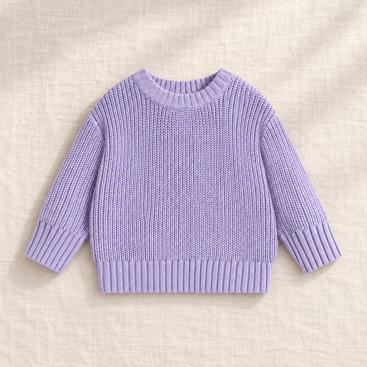 The Everyday Chunky Knit Sweater in Lavender, laid flat on ivory linen