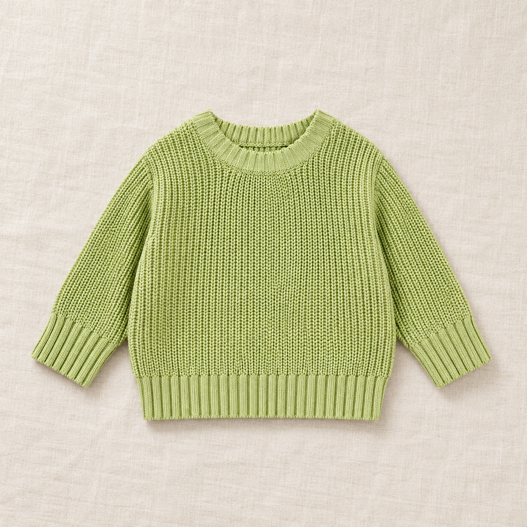 The Everyday Chunky Knit Sweater in Light Green, laid flat on ivory linen