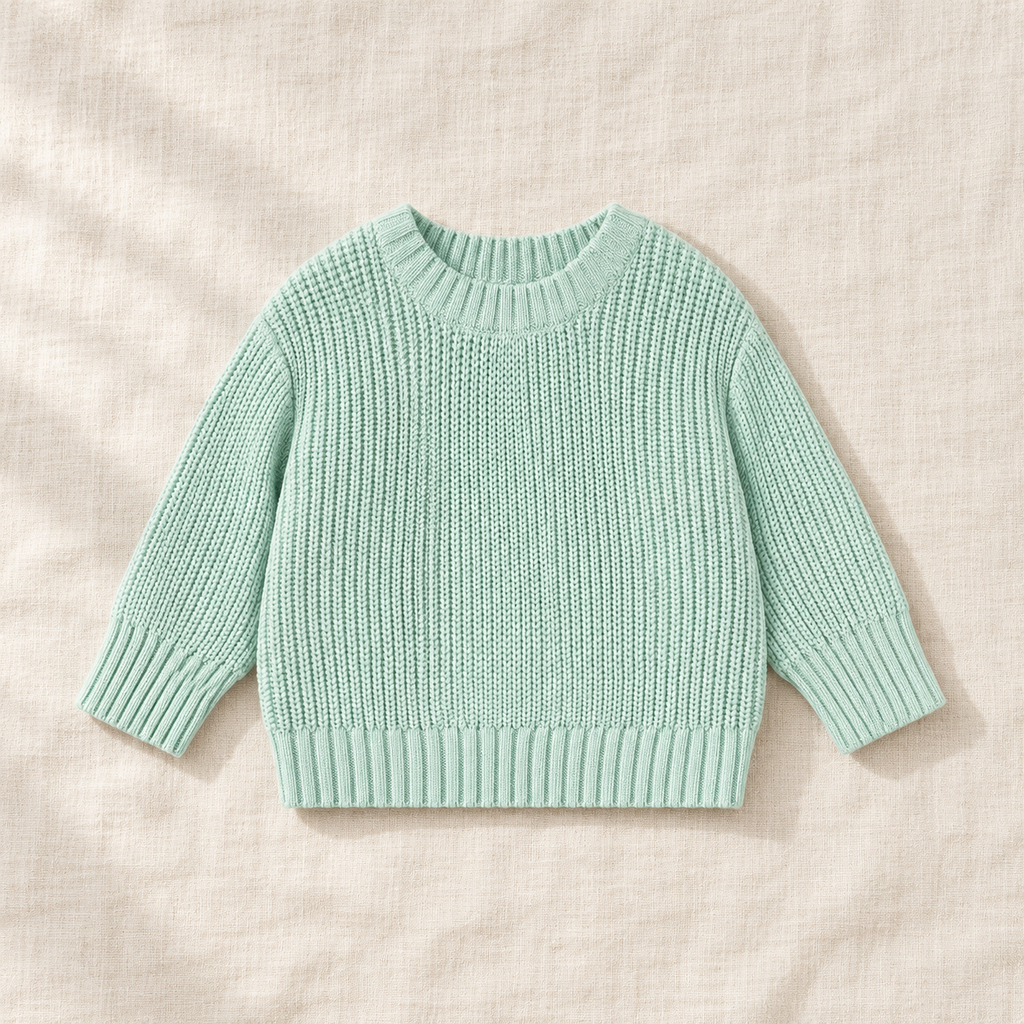 The Everyday Chunky Knit Sweater in Mint, laid flat on ivory linen