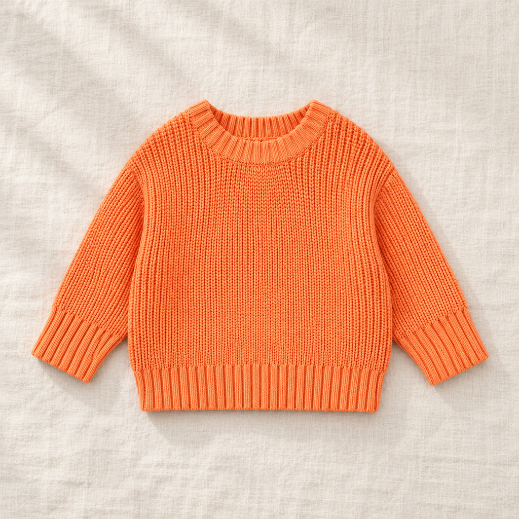 The Everyday Chunky Knit Sweater in Orange, laid flat on ivory linen