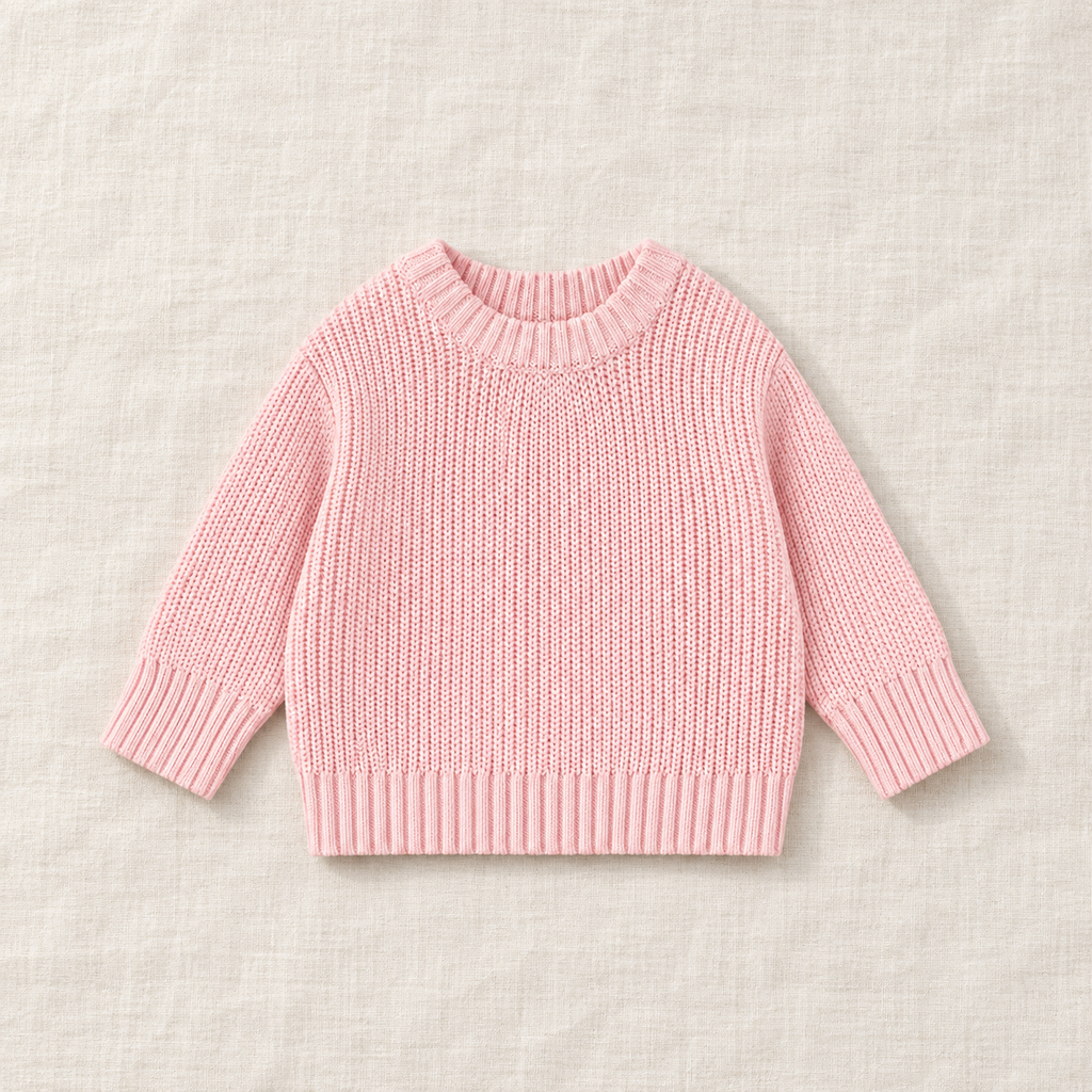 The Everyday Chunky Knit Sweater in Pink, laid flat on ivory linen