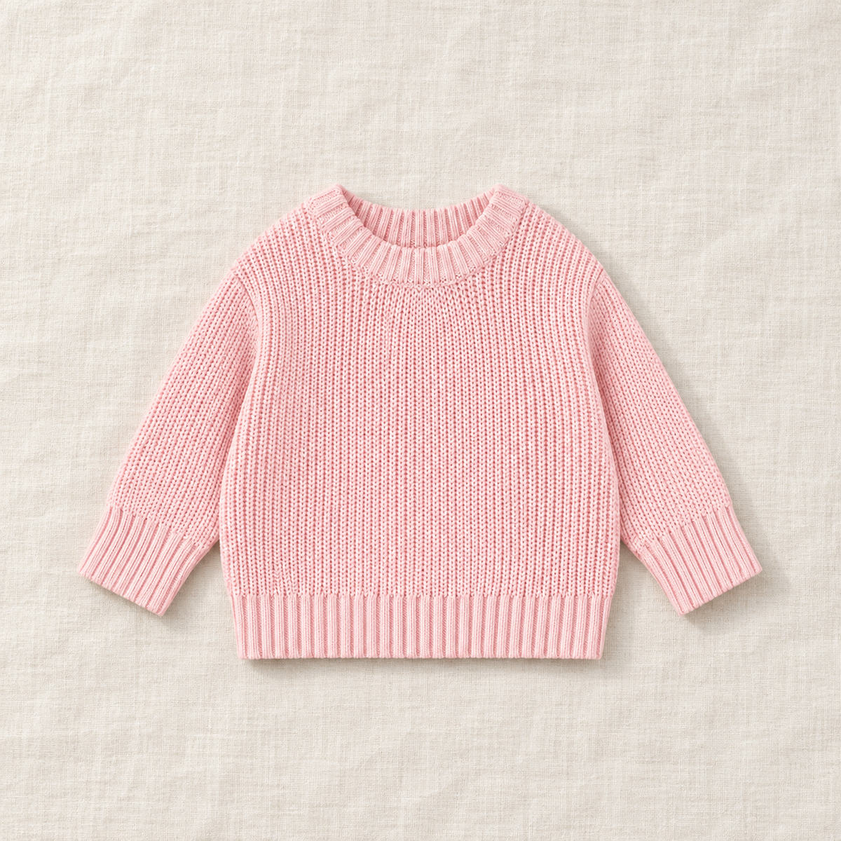 The Everyday Chunky Knit Sweater in Pink, laid flat on ivory linen