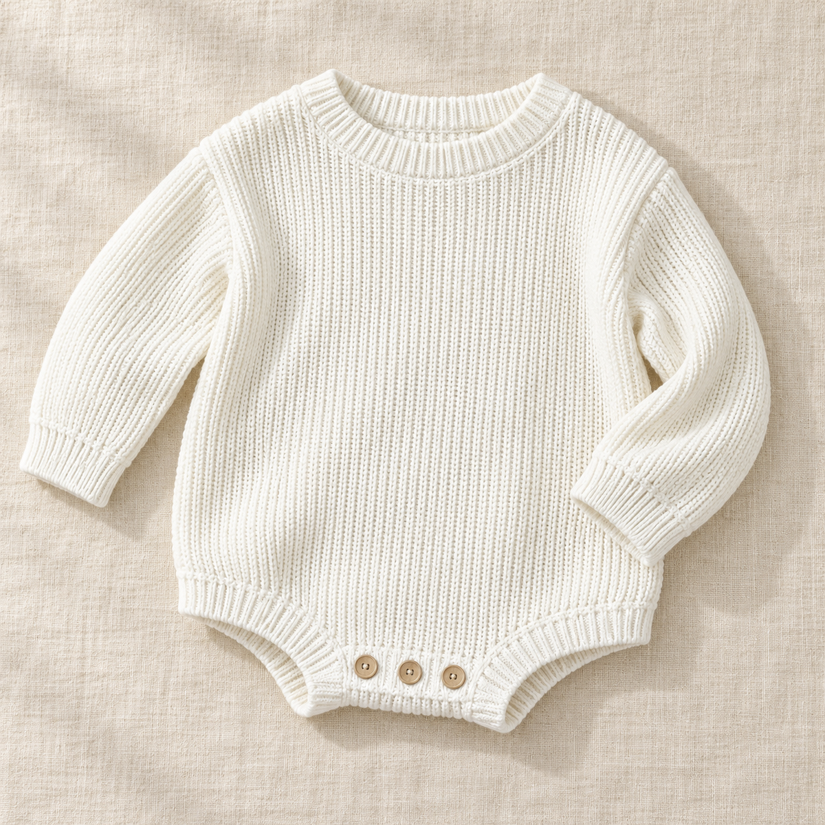 The Everyday Rib Knit Baby Bodysuit on ivory linen
