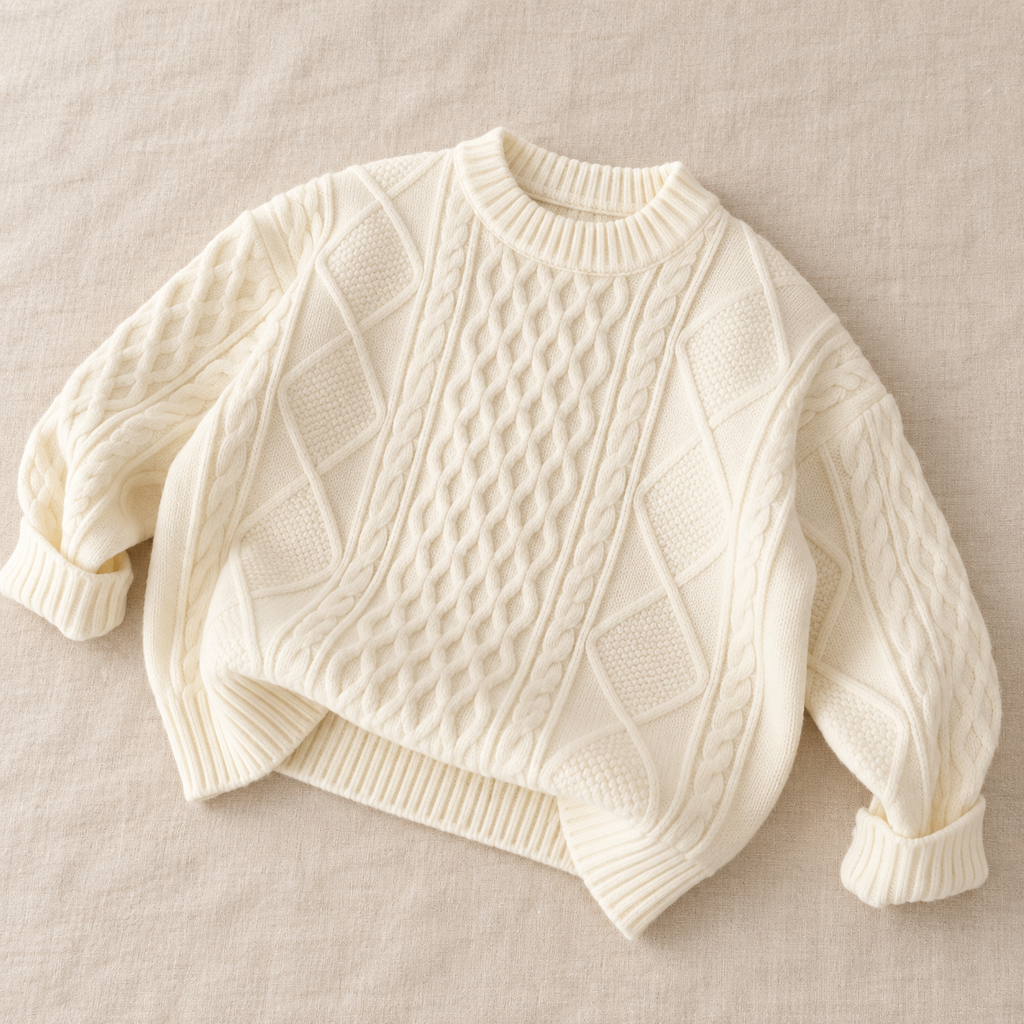 The Fleece-Lined Cable Knit Sweater on ivory linen