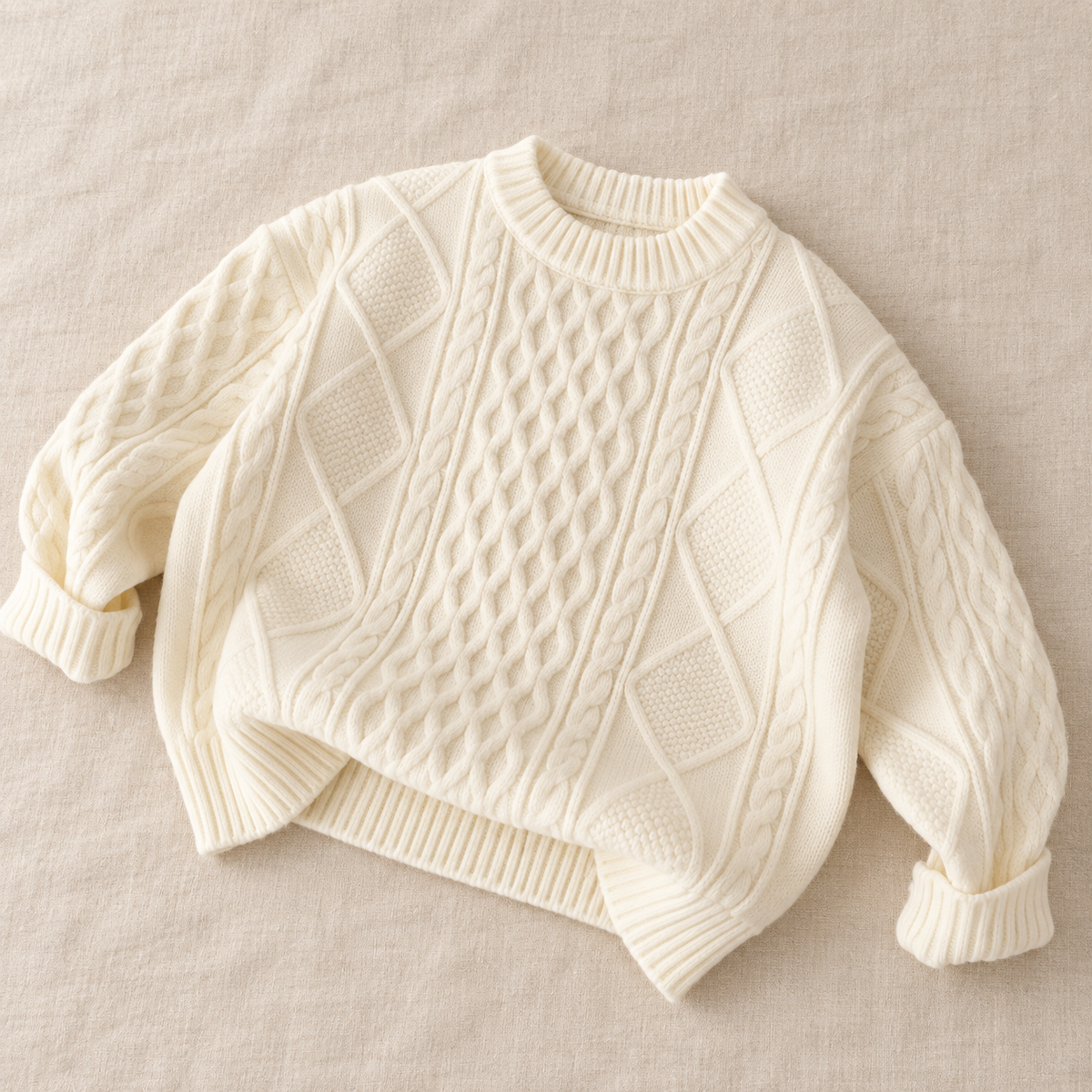 The Fleece-Lined Cable Knit Sweater on ivory linen