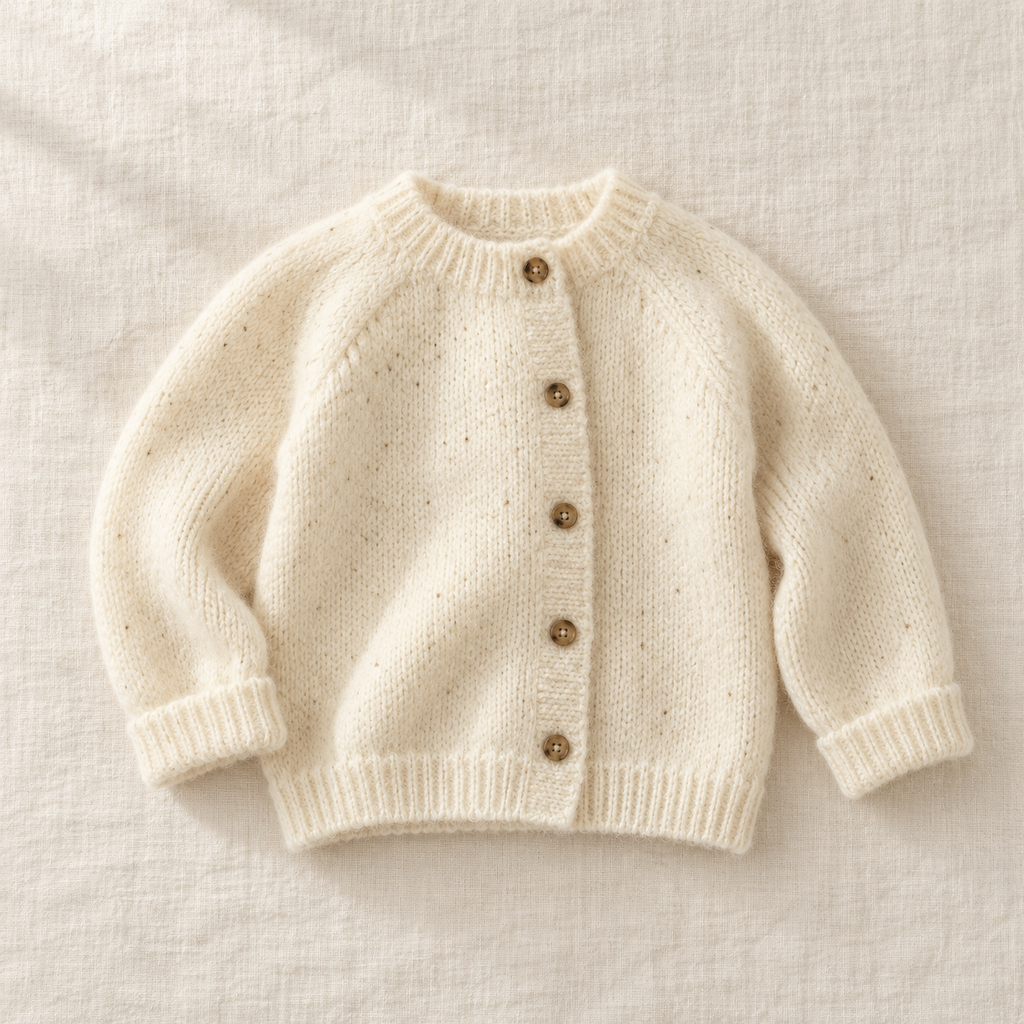 The Fuzzy Round-Neck Cardigan on ivory linen