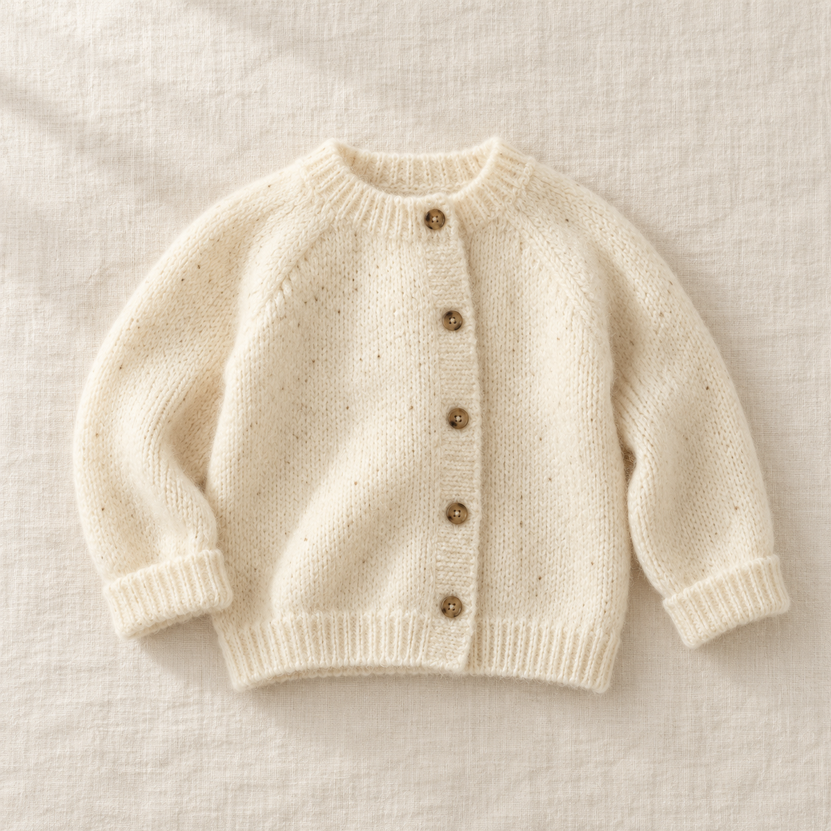 The Fuzzy Round-Neck Cardigan on ivory linen