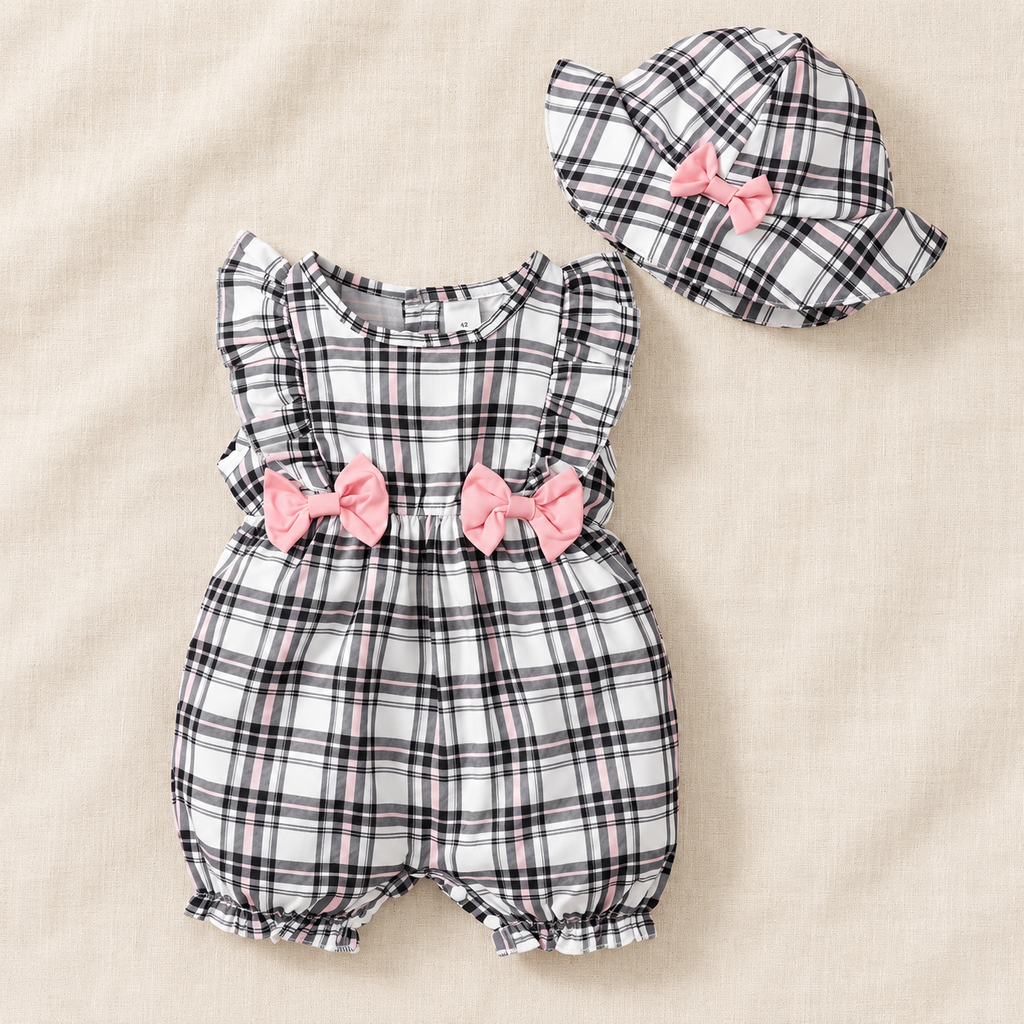 The Gingham Bow Romper & Hat Set on ivory linen