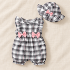 The Gingham Bow Romper & Hat Set on ivory linen