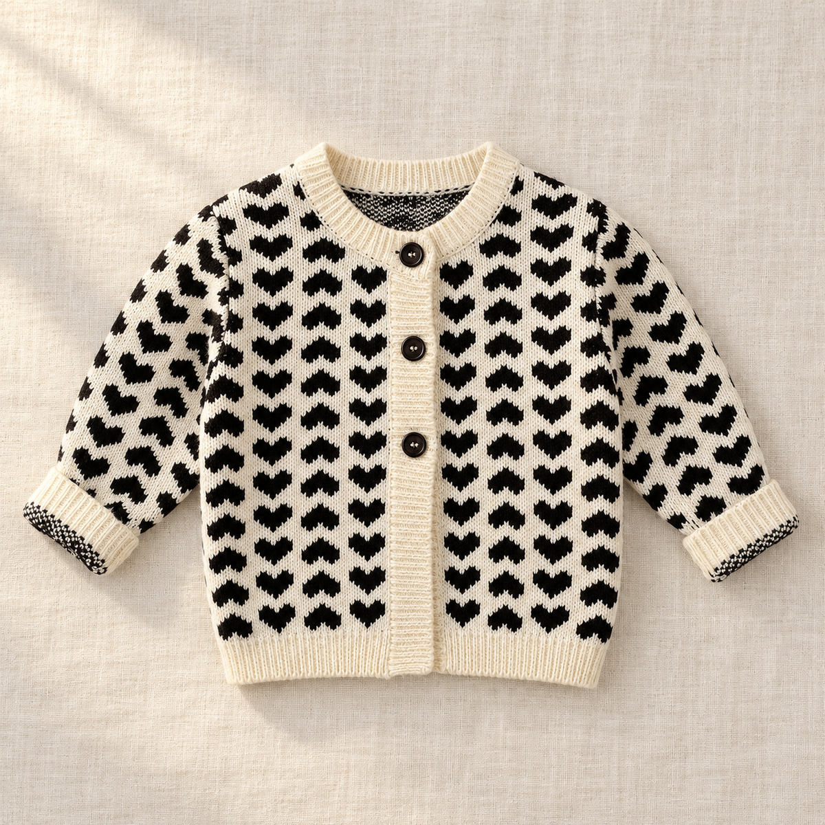 The Heart Jacquard Knit Cardigan on ivory linen