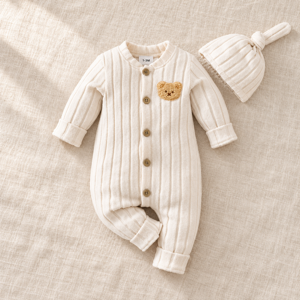 The Ivory Bear Romper & Hat Set on ivory linen