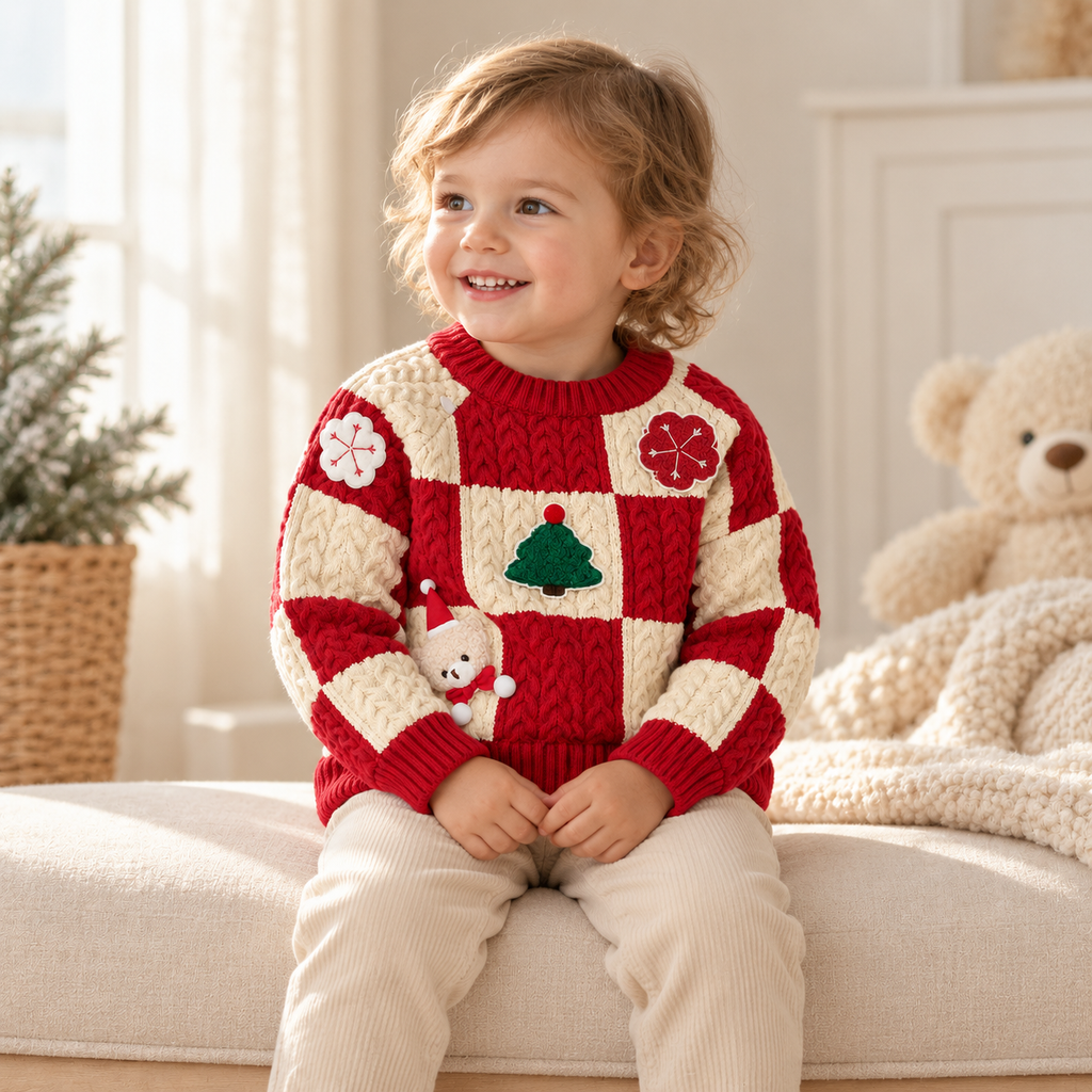 A child wearing The Christmas Patchwork Knit Sweater