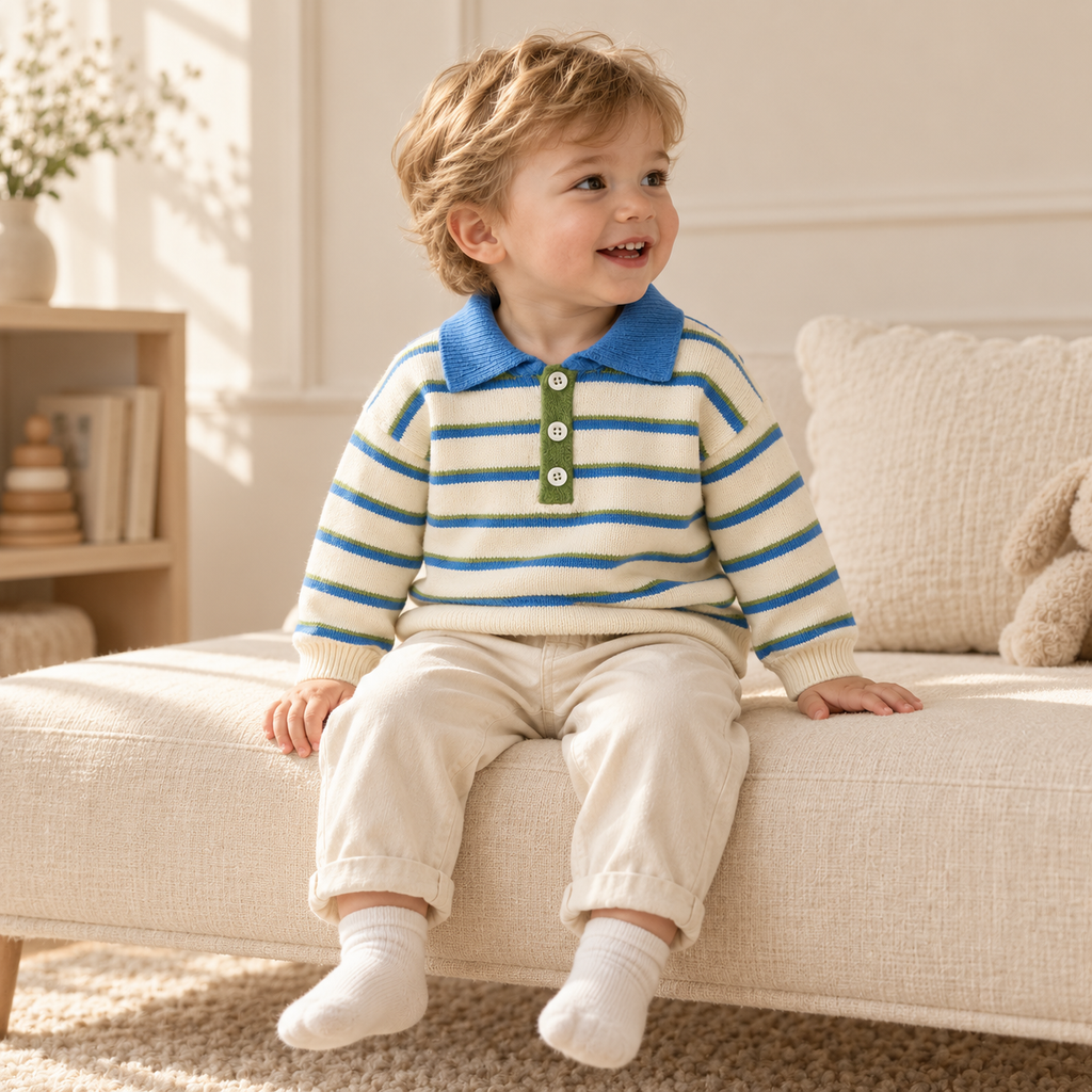 A child wearing The Blue-Collar Stripe Knit Polo