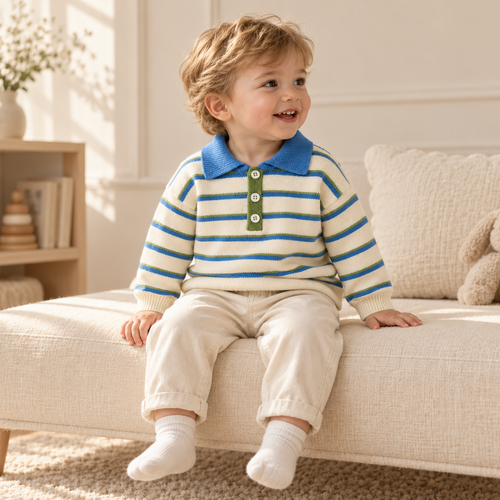 A child wearing The Blue-Collar Stripe Knit Polo