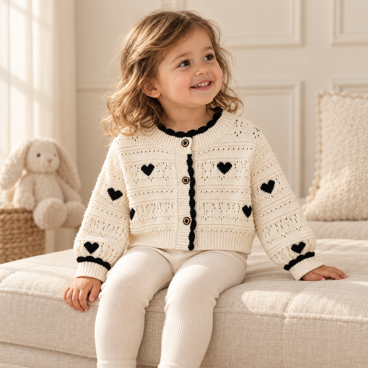 A child wearing The Little Heart Trim Cardigan