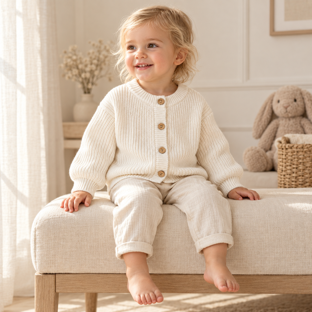 A child wearing The Ribbed Button Knit Cardigan