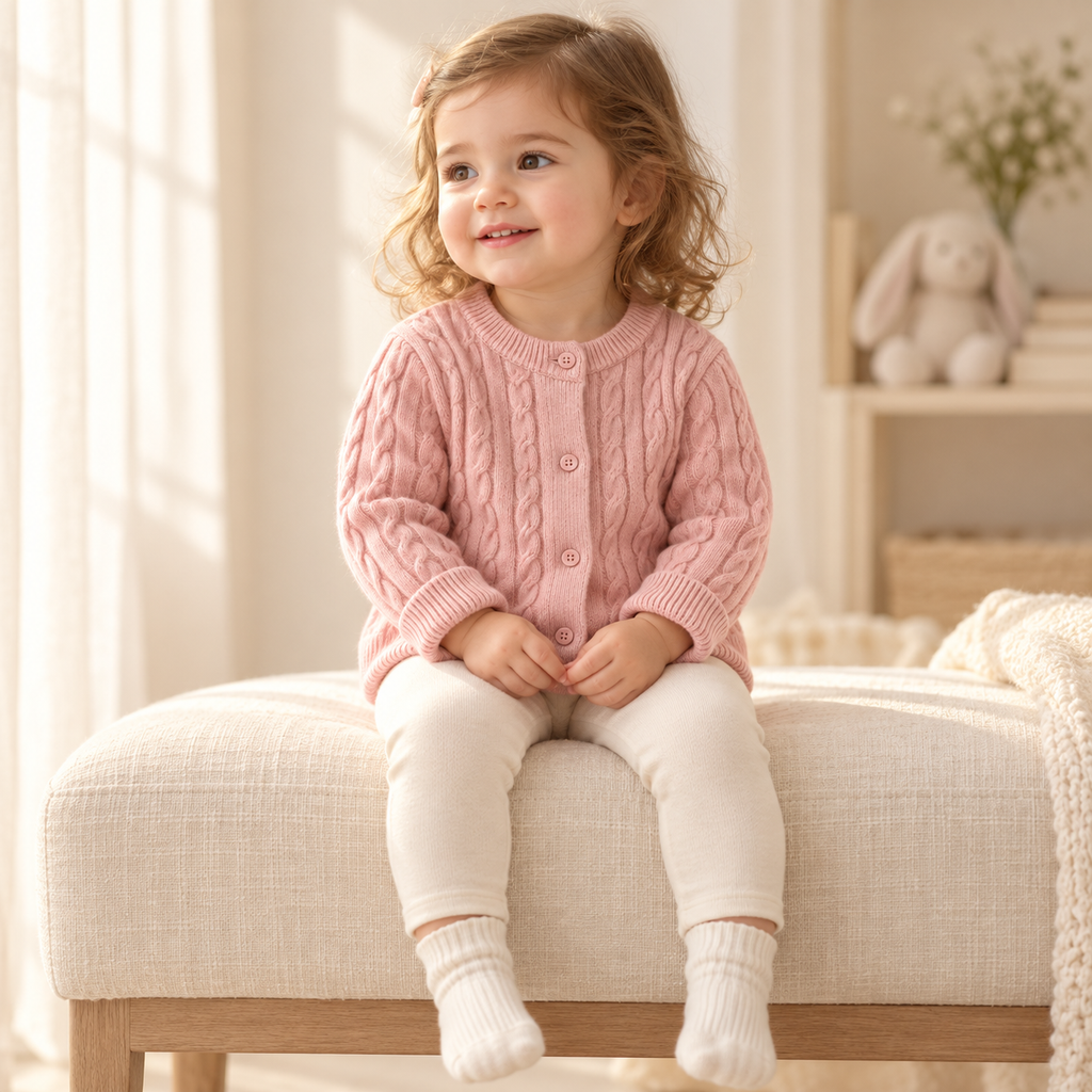 A child wearing The Soft Cable Knit Cardigan
