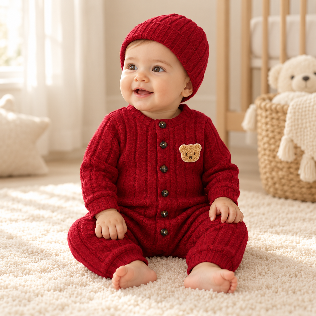 A child wearing The Red Bear Romper & Hat Set