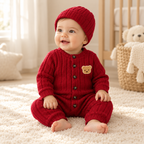 A child wearing The Red Bear Romper & Hat Set