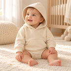 A child wearing The Pocket Hooded Baby Romper