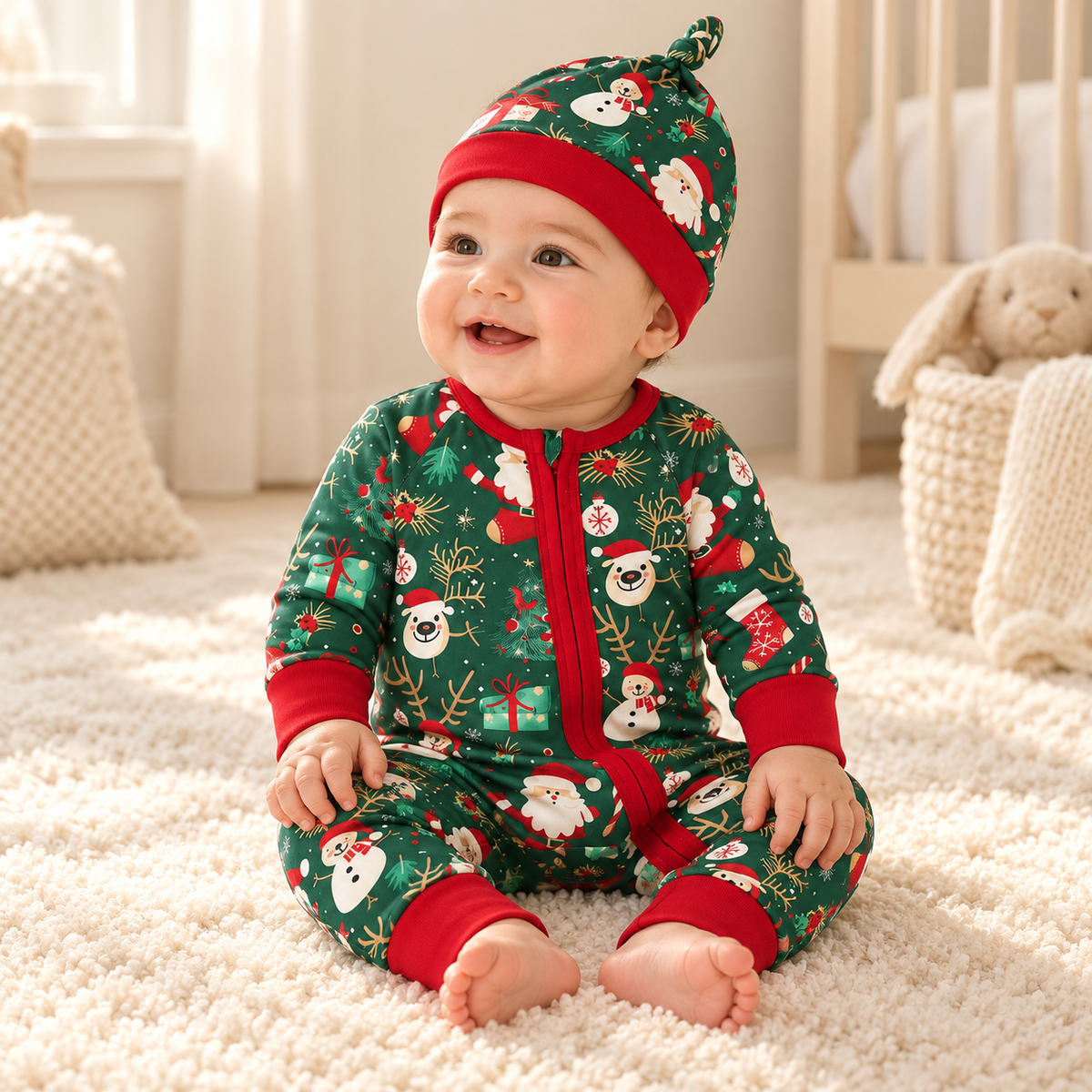 A child wearing The Santa Zip Romper & Hat Set