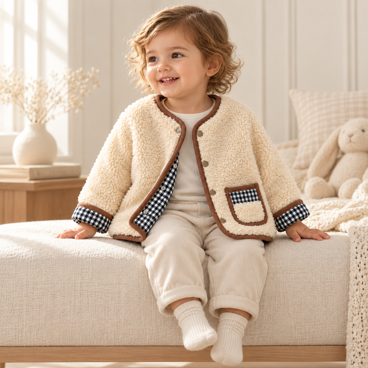 A child wearing The Reversible Plaid & Teddy Jacket
