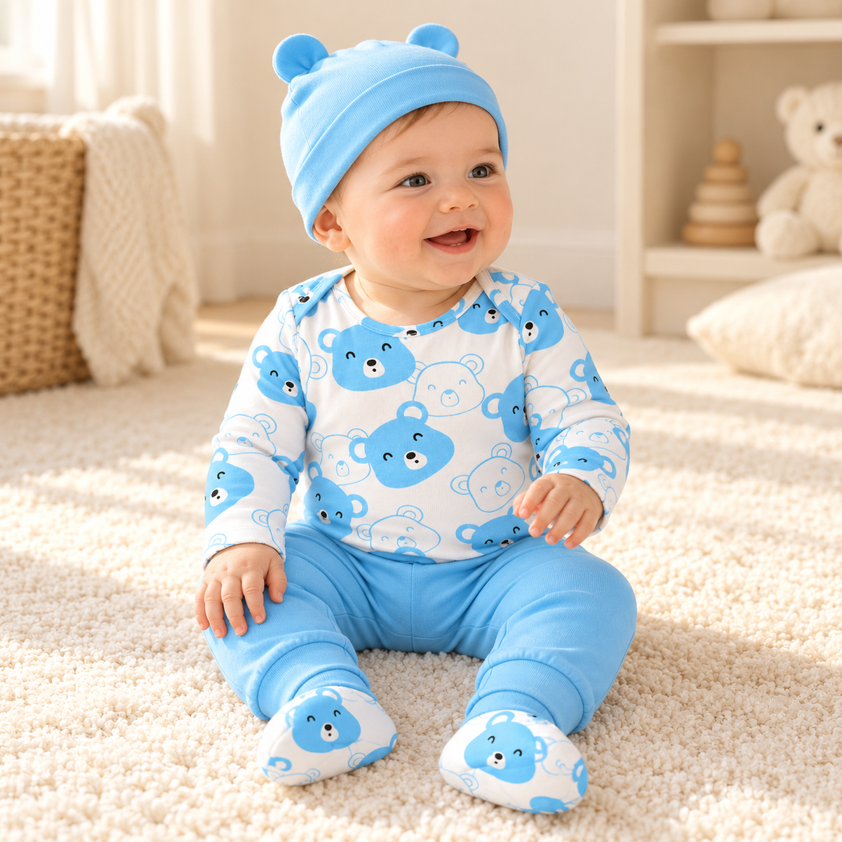 A child wearing The Little Bear Four-Piece Outfit