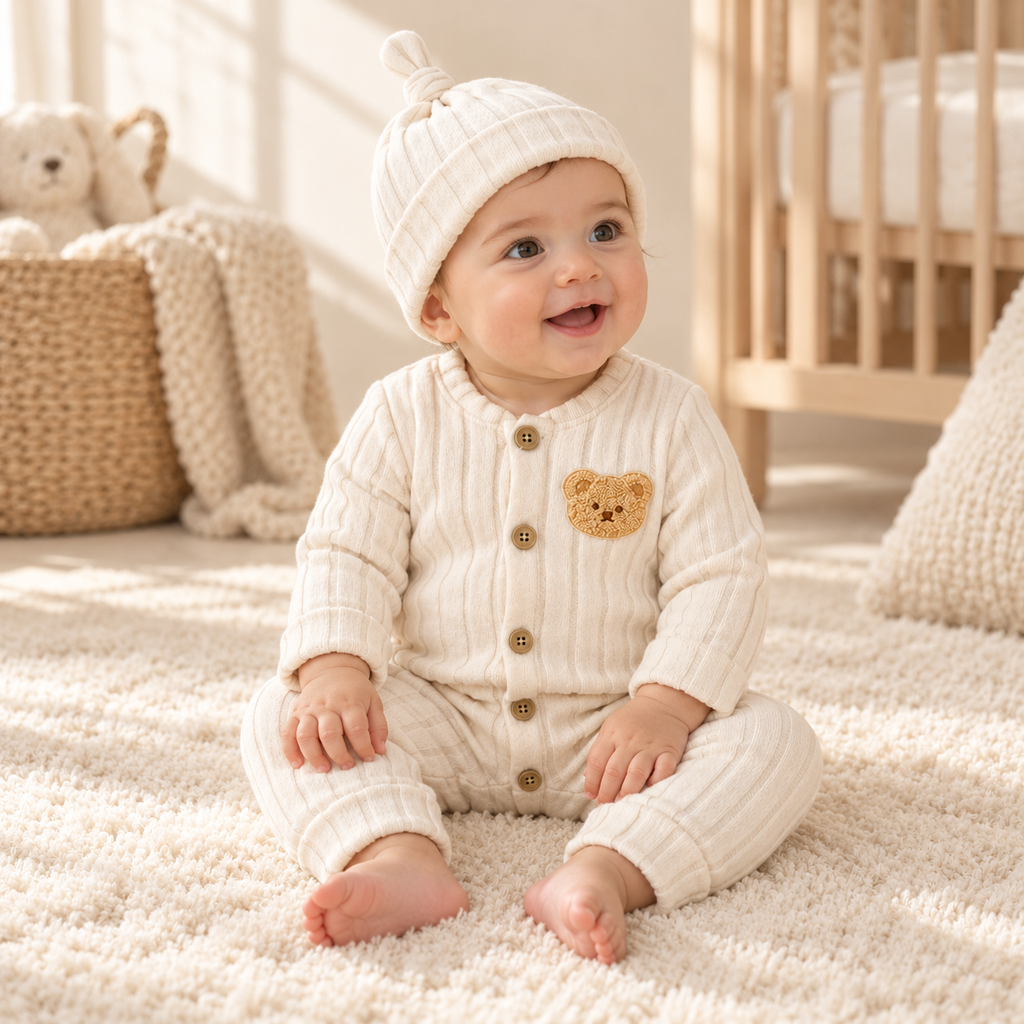 A child wearing The Ivory Bear Romper & Hat Set