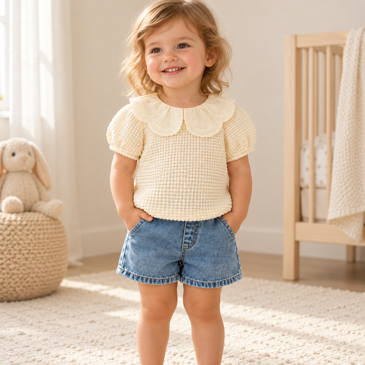 A child wearing The Ruffle-Collar Top & Shorts Set