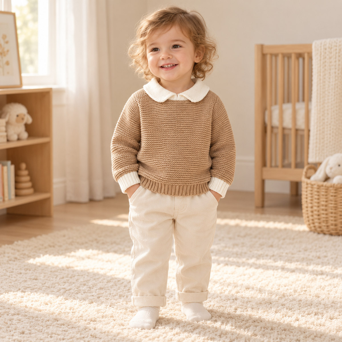 A child wearing The Contrast-Collar Knit Sweater