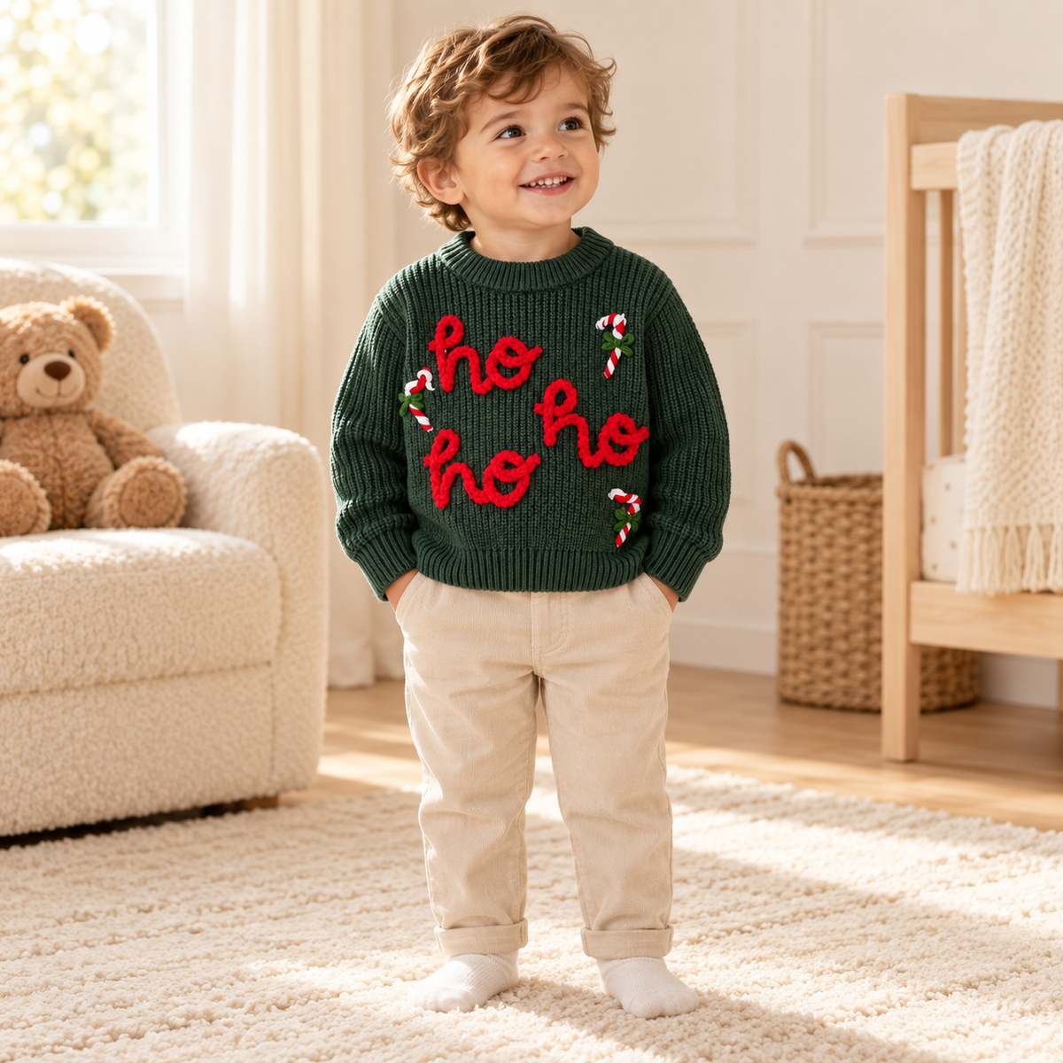 A child wearing The Ho Ho Ho Christmas Knit Sweater