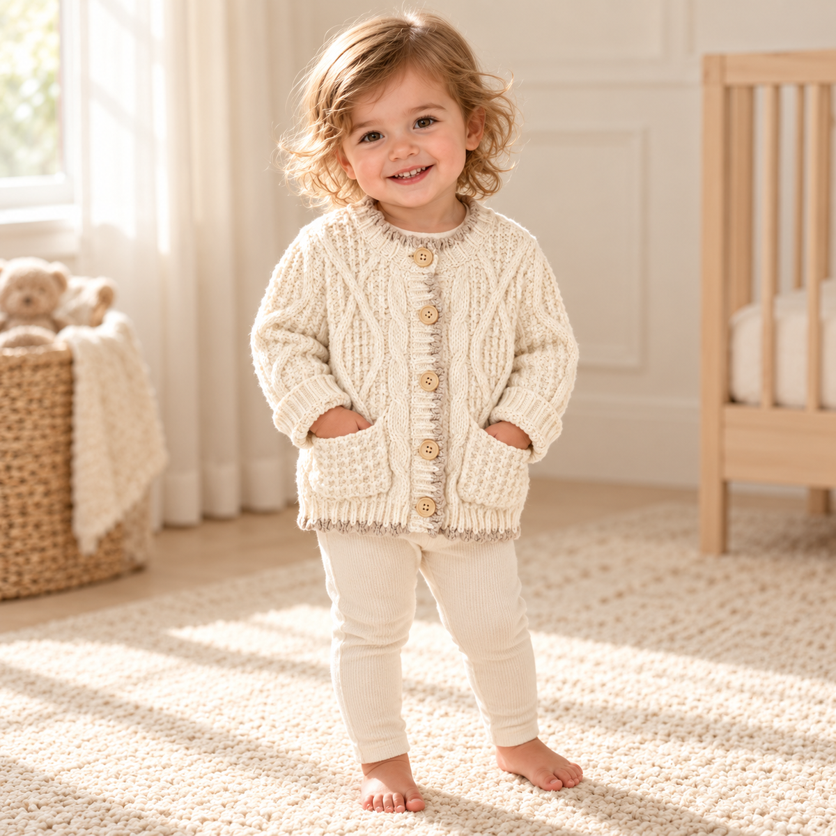 A child wearing The Pocket Cable Knit Cardigan