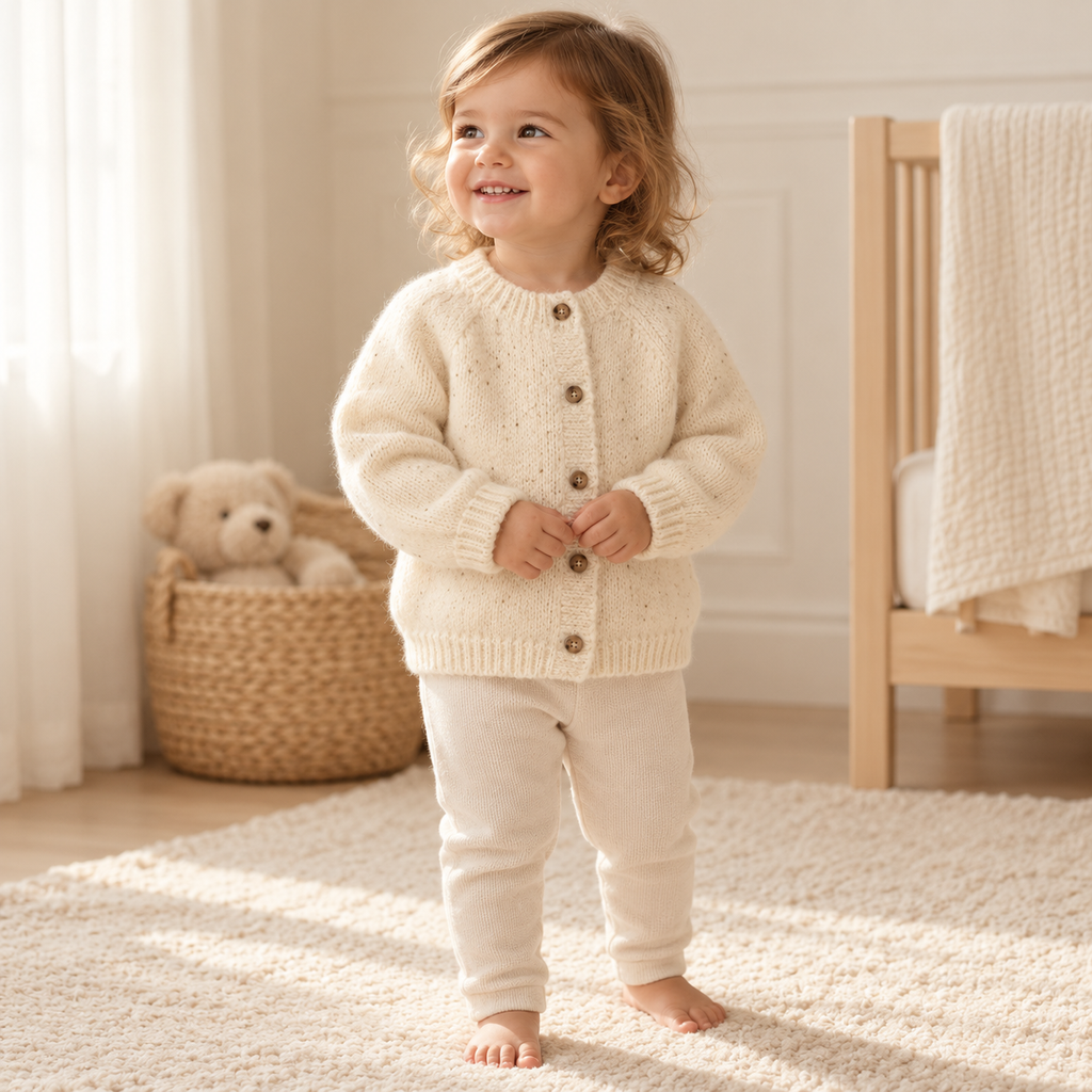 A child wearing The Fuzzy Round-Neck Cardigan