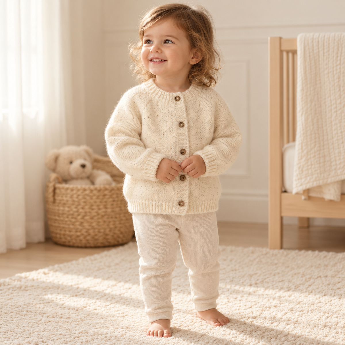 A child wearing The Fuzzy Round-Neck Cardigan