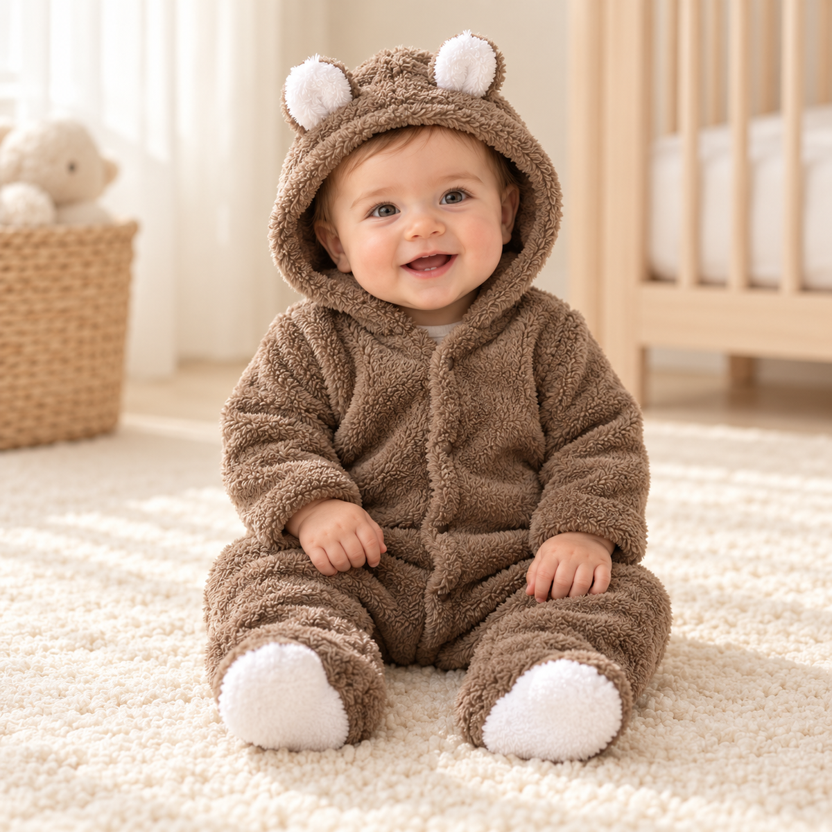 A child wearing The Teddy Hooded Baby Footie