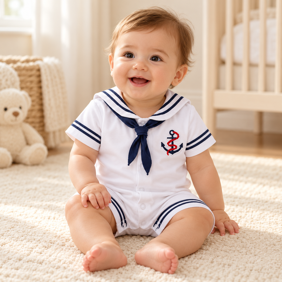 A child wearing The Sailor Short-Sleeve Baby Romper